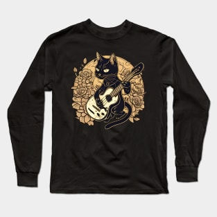 Cool Black Cat Playing Guitar - Funny Cats Long Sleeve T-Shirt